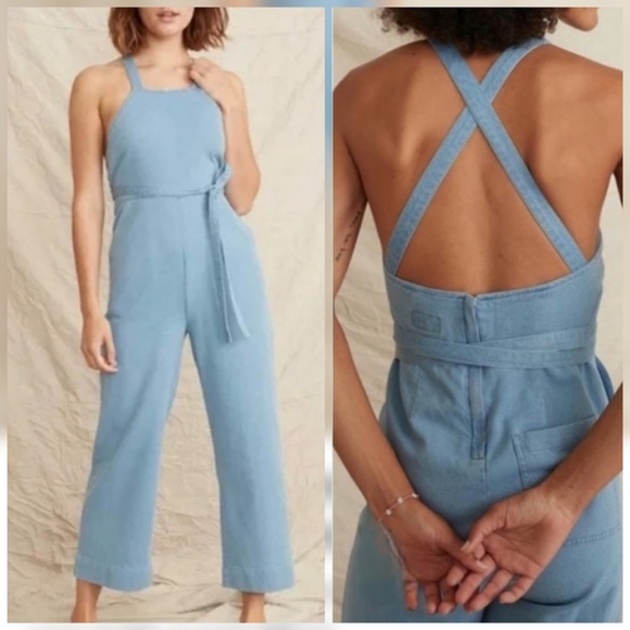 Marine Layer Pants - Marine Layer Tess Jumpsuit 2020 Tie Waist Wide Leg Light Blue Cotton